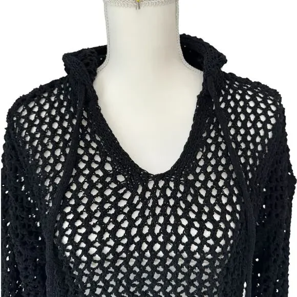 NICOLE MILLER ARTELIER Sweater Womens Medium Black Crochet Hoodie Vacation - Picture 7 of 11